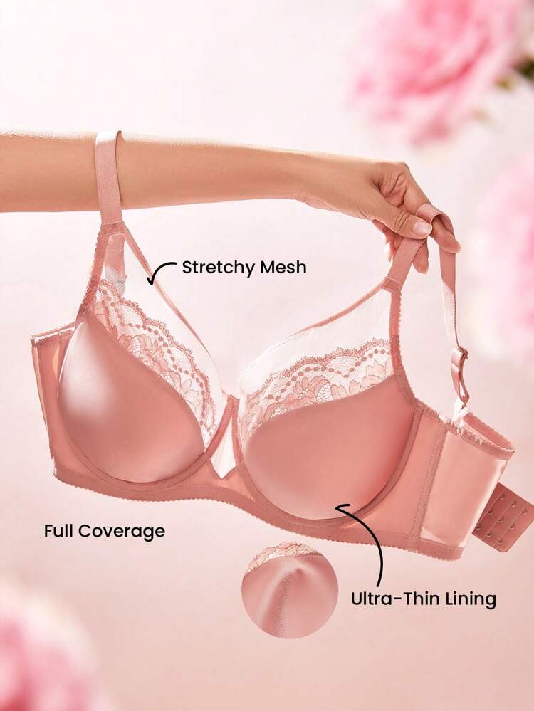 Damen Große Größen Lingerie Lounge Kurve transparente Volldeckung mit Unterstützung & atmungsaktiv Unterbügel-BH, sexy ungepolsterter rosa Spitze Eleganz & Mesh Minimizer BH Braut Wäsche