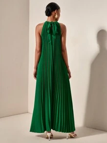 Zivah Beach Spring And Summer Casual Vacation Light Vacation Daily Dating Halterneck Sleeveless Pleated A-Hem Loose Dress Dark Green Women's Dress-A - Dark Green - View 2