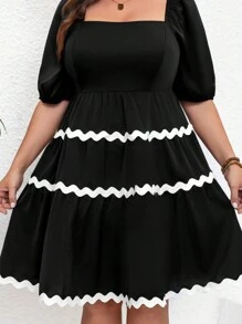 SHEIN Clasi 大码拼色荷叶边下摆 A 字形灯笼袖连衣裙