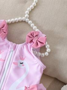 Newborn Baby Pink Zip-Up One-Piece Swimsuit With Cute 3D Bow Decoration