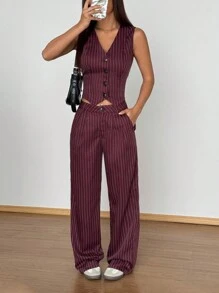 Flirla Bộ vest và quần sọc không tay cổ chữ V, bộ đồ đơn giản, phong cách giản dị, thường ngày - Màu Đỏ Sâu - Xem 3