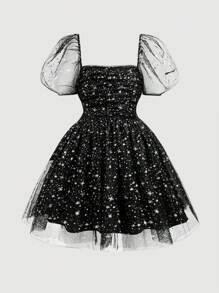 SHEIN MOD Plus Size Women's Silver Romantic Metallic Star Patterned Ruffle Tulle Mesh Puffy Sleeve Dress - Silver - View 1
