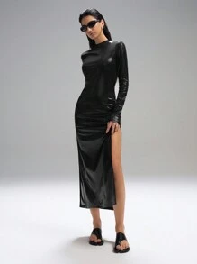 SHEIN EZwear Vestido de unicolor con abertura lateral para mujer - Negro - Ver 5