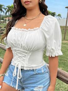 Sunnyshic Blusa de estilo francés para mujer de talla grande con cuello cuadrado, encaje de contraste, mangas abullonadas, ajustable con nudo en la cintura