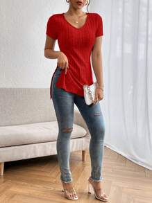 SHEIN Essnce Women's Casual Solid Color Side Slit Short Sleeve T-Shirt