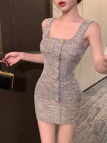 DAZY Plaid Sleeveless Midi Dress For Wedding Party Prom Dress Elegant Vacation - Black - View 3