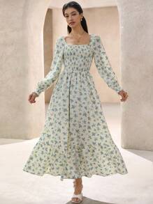 Aveloria Rosie Elegant Square Neck Romantic Blue Ditsy Floral Textured Flare Waist Long Sleeve Dress For Women Boho Vacation Fashionable Style All Over Print