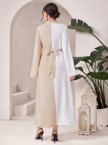 Modelyn Women's Solid Color Splicing Stand Collar Long Sleeve Minimalist Long Abaya Dress