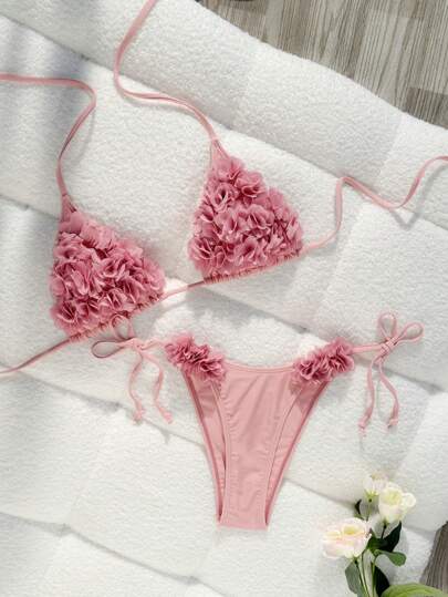 Swim Mod Summer 2pcs/Set Women Simple Elegant Halter Floral Decor Leisure Holiday Style Spaghetti Strap Bikini