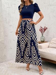 SHEIN Clasi Clasi Women Crew Neck Ribbed Crop Top & Wide Leg Pants Suit, Abstract Print, Spring Summer Casual Vacation Elegant 2pcs Set