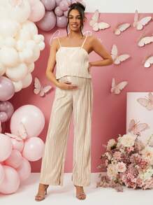 Loomaby Pregnant Women's Solid Color Pleated Casual Jumpsuit - Khaki - View 6