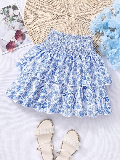 Sparklyn Tween Girls Elegant Ditsy Floral Elastic Waist Flowy Mini Skirt, Vacation Style