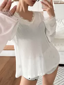 DAZY 女士柔软蕾丝拼布 V 领长袖睡衣上衣 - 白色 - 查看 3
