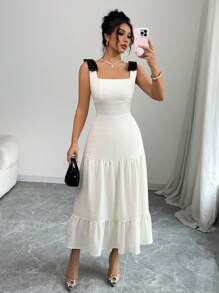 Elenzga Vestido de punto bordado con bloque de color, tirantes con lazo, estilo de fiesta de vacaciones en la playa - Albaricoque - Ver 3