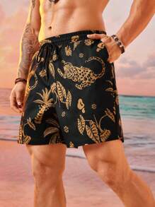 EASEVO Plus Size Men's Loose Casual Black Woven Shorts With Plant & Animal Prints