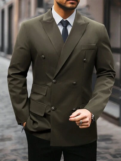  Manfinity Mode 男士纯色缺口领双排扣休闲西装外套，秋季，男友礼物，情人节男士