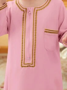 SHEIN Traditional Embroidered Trim Baby Boys' Open Front Robe Top - Pink - View 4