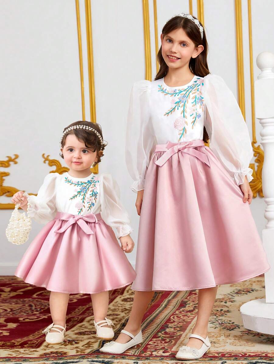 SHEIN Baby Girls Elegant Floral Pattern Top And Mini Skirt 2 Pieces Set, Summer - Pink - View 1