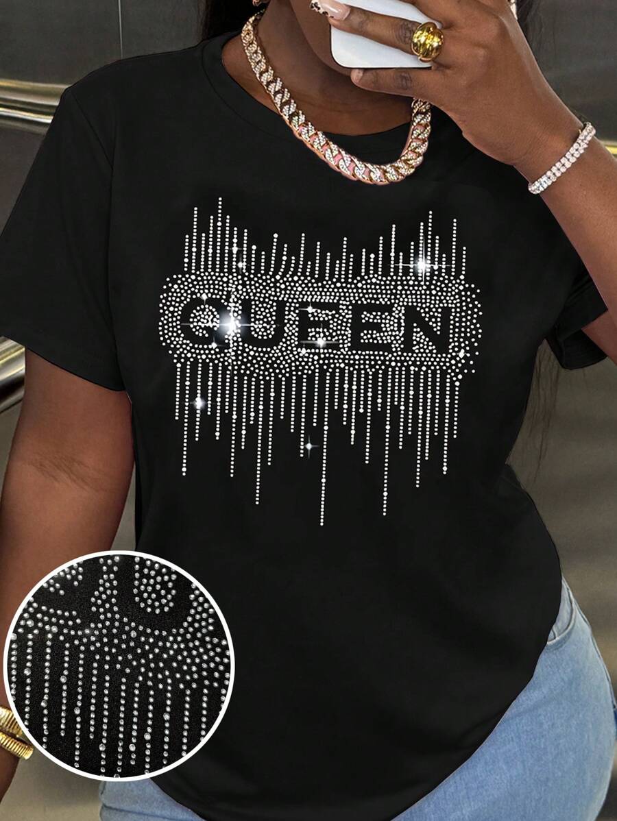 INAWLY 夏季大码休闲水钻字母图案短袖 T 恤