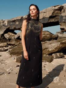 Anewsta Women's New Fashion Elegant Rhinestone Sleeveless Ball Gown Dress