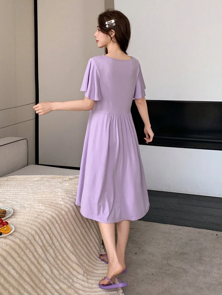 Women Solid Color V-Neck Lace Waist Short Sleeve Nightgown Pajama