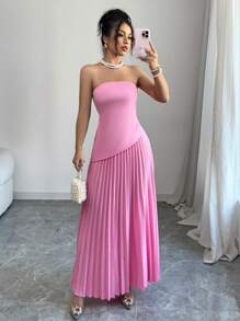 Elenzga 2pcs Women Bandeau Top & Pleated Skirt Set