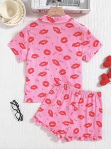 SHEIN Leap Crew 2 件 Tween 女童休闲卡通图案 Polo 领短袖纽扣衬衫搭配褶边短裤，宽松舒适睡衣套装 - 粉色 - 查看 2