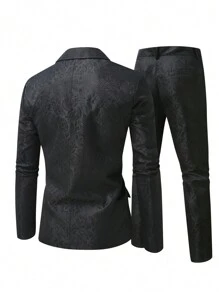 Manfinity Mode Plus Size Men Jacquard Lapel Neck Blazer And Pants Suit Set - Black - View 2