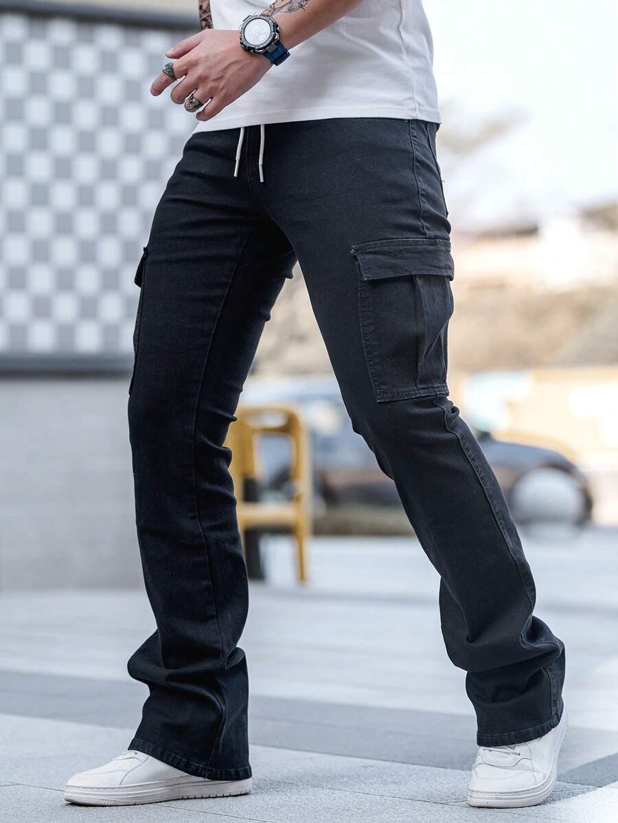 Manfinity Homme Men's Drawstring Waist Slim-Fit Cargo Jeans - Black - View 1