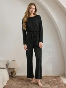 Ocili Leisure Soft & Smooth Silky Milk Fiber Women Sleepwear Set, Long Sleeve & Long Pants Jumpsuit