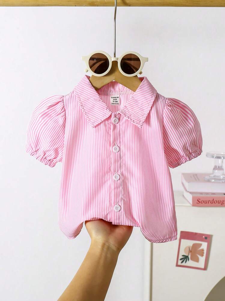 SHEIN قميص فضفاض وكاجوال مناسب للبنت الرضيعة، بنوتي و أنيق، مخطط بالوردي والأبيض ببطانة للأكمام متصل بالأمام، مناسب للاستخدام لفصلي الربيع والصيف للداخل والخارج - وردي - مشاهدة 3