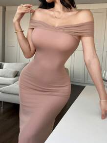 DAZY Elegant Solid Color V-Neck A-Line Midi Dress For Women, Summer Elegant Sundress,Formal Women Dresses Off Shoulder Top - Pink - View 5