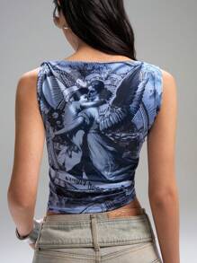 LYSMO Women's Blue Gray Printed Tank Top--Spring/Summer--2025New Arrival
