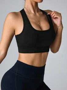 SHEIN Sports 无袖吊带蕾丝镂空网眼拼接运动文胸带可拆卸胸垫，春夏 - 黑色 - 查看 5