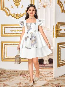 SHEIN Vestido de fiesta para niña preadolescente con jacquard floral, malla, diseño de peplum y volantes en capas, hilos metálicos, elegante, informal para vacaciones, fiesta blanca, vestido de princesa, para fiesta de cumpleaños, festival, Día de San Valentín