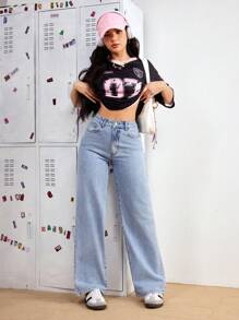 SHEIN PETITE 女士口袋宽松阔腿休闲牛仔裤，百搭 - 藍色 - 查看 4