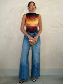 SHEIN BAE Women's Early Spring Tie-Dye Gradient Side Ruched Bodysuit, Elegant For Valentine's Day Party