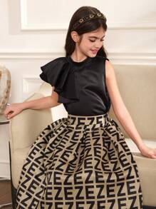 SHEIN Leap Crew Tween Girls Casual Elegant Asymmetric Ruffle Collar Top & Graphic Print Pleated Mini Skirt 2 Pieces Set - Black - View 4