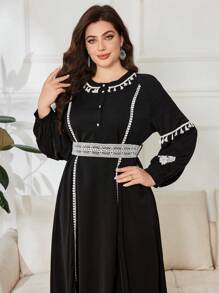Lacomfia Rochie cu mânecă lanternă pentru femei de mărime mare, cu nod, cataramă - Negru - Vizualizare 4
