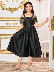 SHEIN Tween Girls' Elegant Print Patchwork Bow Strap Midi Dress - Black - View 8