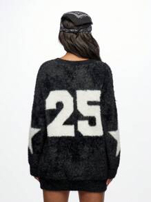 SUMWON WOMEN Sudadera de punto de invierno cálida y holgada, de estilo urbano casual, con manga larga, estampado de texto y fleece. Incluye pañuelo bandana - Negro - Ver 2