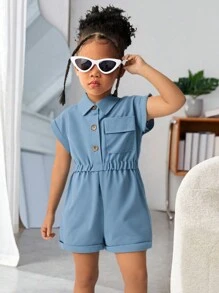 SHEIN Girls Young Girl Formal Summer New Lapel Half-Open Sleeveless Jumpsuits, Casual Waist Elastic Shorts Suit, Fashion All-Match