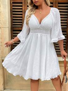 DreamSkyne Plus Size Women Solid Color Deep Shirred Lace Trim Flare Sleeve A-Line Backless Vacation White Dress - White - View 5