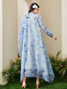 Modelyn Sukienka damska z asymetrycznymi rękawami i wiązaniem na ramionach - Niebieski - Zobacz 2