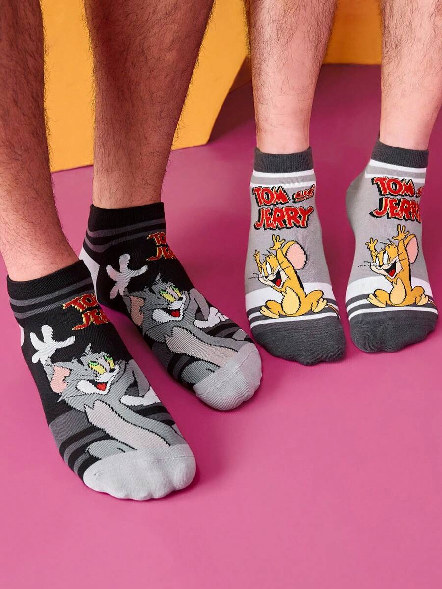 TOM & JERRY X SHEIN 2 pares de calcetines de media pierna suaves, transpirables y antideslizantes de color block de moda, con refuerzo en el dedo del pie y el talón, resistentes al desgaste, unisex en negro y azul, para todas las temporadas