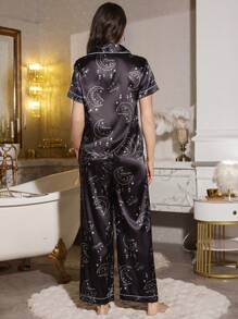 Collar Open Front Printed Pajama Set, Shirt & Pants - Black - View 2