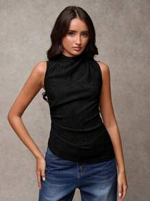 SHEIN BAE Women's Solid Color Stand Collar Sleeveless Tank Top, Casual For Everyday Wear - Black - View 2