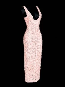 SHEIN ICON Bodycon Rose Floral Jacquard Long Dress - Pink - View 3