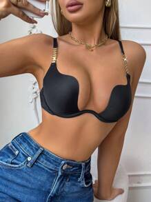 1 pieza Sostén sexy con aros con escote en V profundo y acolchado, con cadena metálica en forma de U para levantar para mujeres