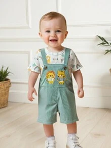 SHEIN Playful Pals 2 件套男婴幼儿卡通狮子印花短袖上衣和狮子刺绣围兜短裤套装，适合春夏季，室内外，日常穿着 - 綠色 - 查看 7
